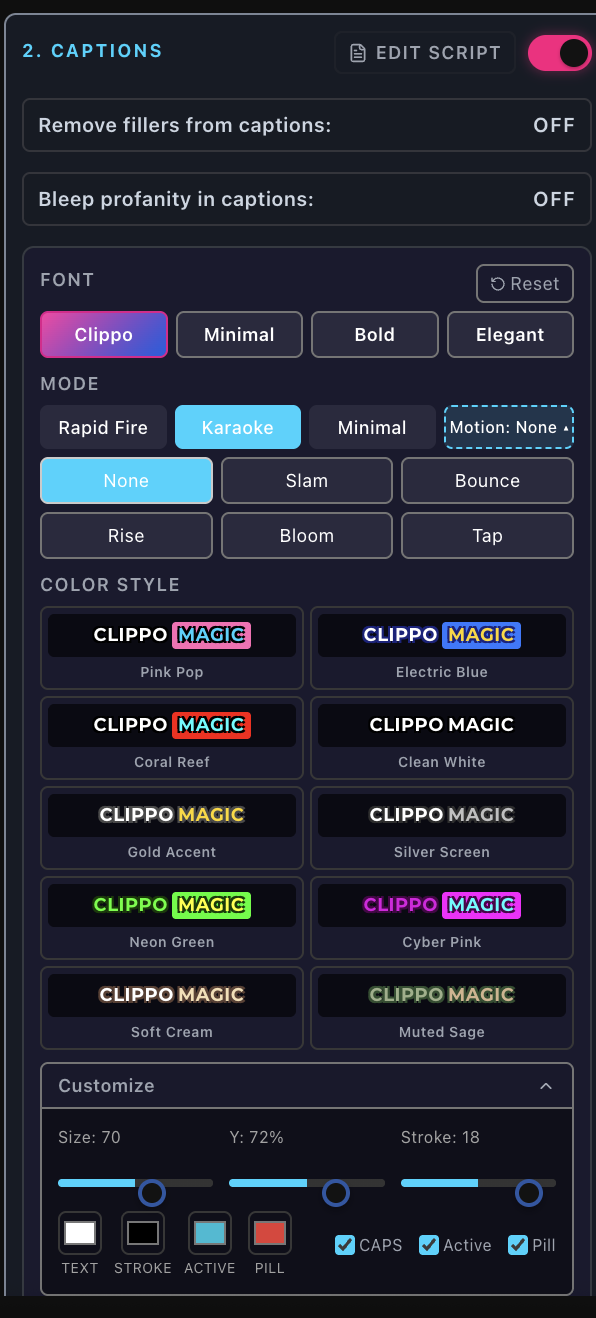 Clippo Magic caption panel showing Font, Mode, Motion, ten color styles and expanded Customize controls.